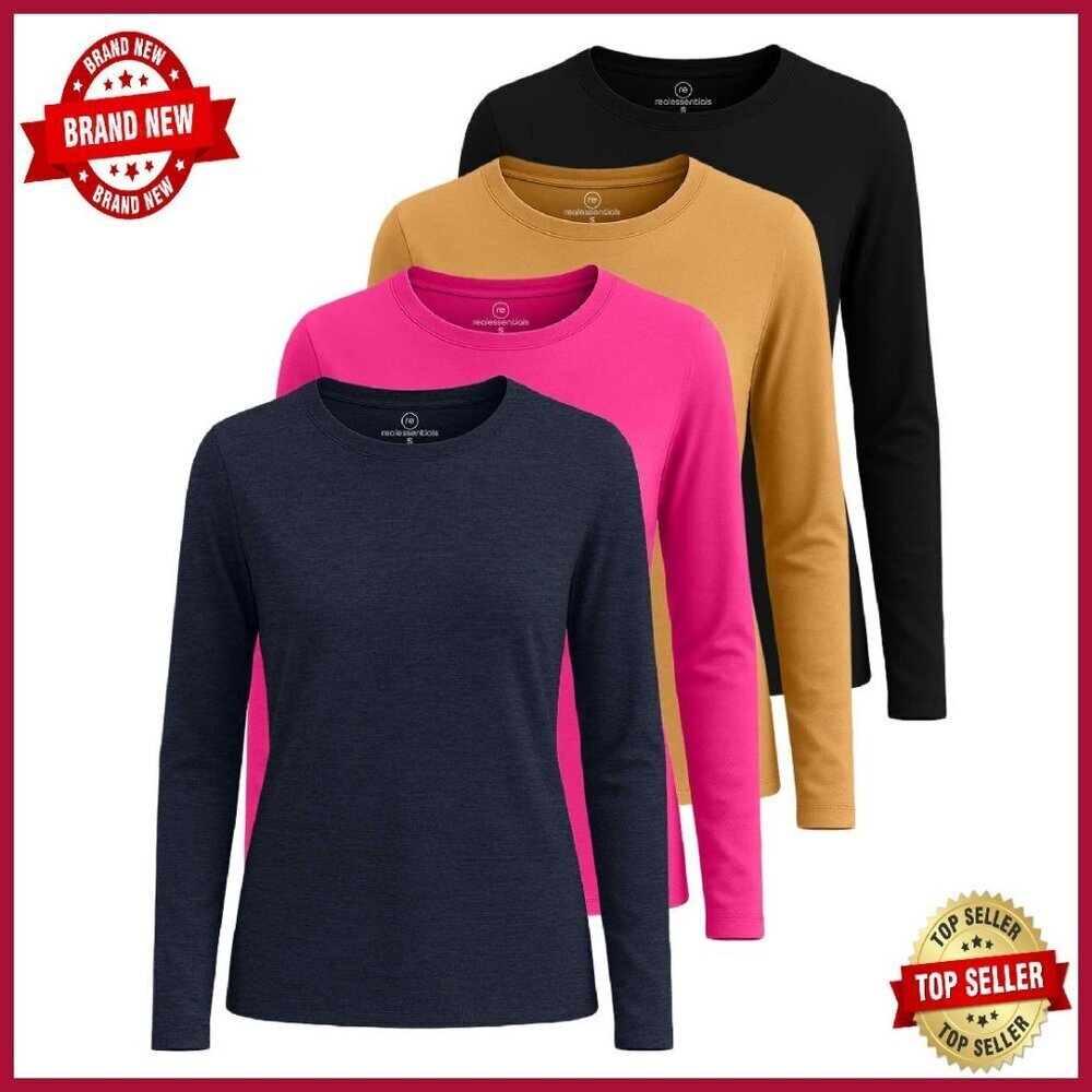 Women's Cotton Long Sleeve Crewneck T-Shirt 4 Pack Classic Fit Essential